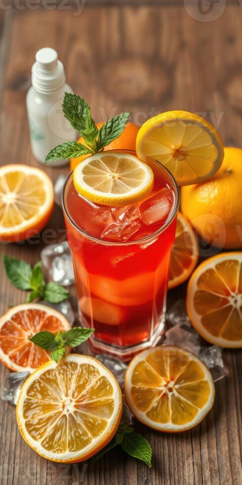 Refreshing citrus cocktail with vibrant fruit garnishes displayed on a wooden table photo