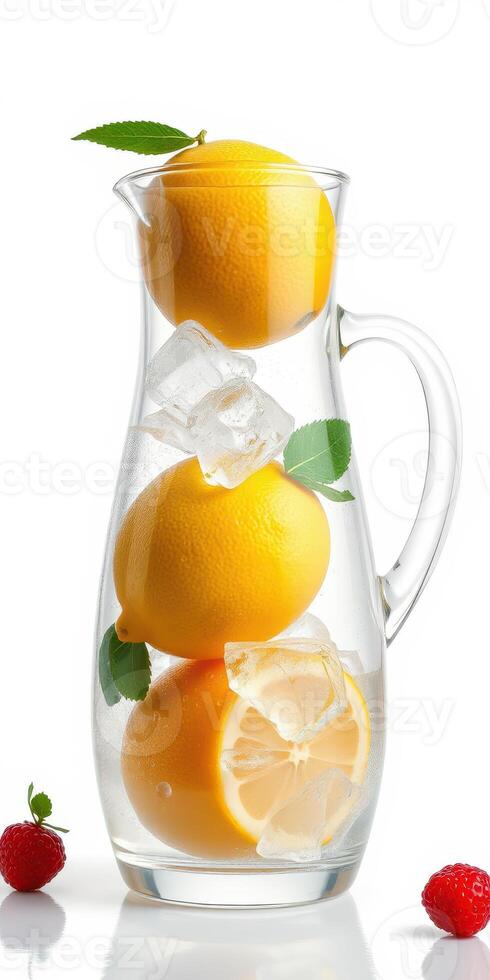 Refreshing pitcher with lemons and ice cubes, garnished with mint leaves and raspberries on a white background photo