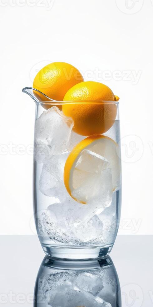 Refreshing lemon and ice water in a clear glass, perfect for hot summer days and hydration photo