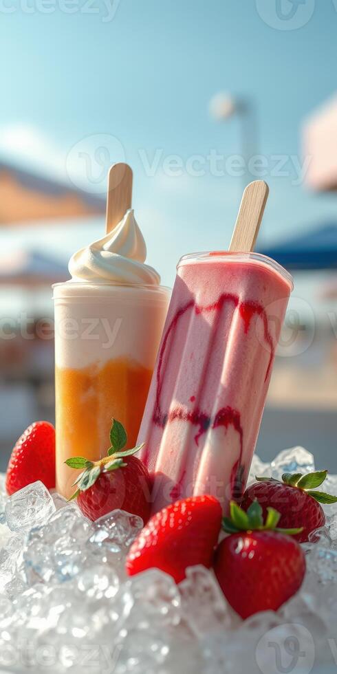 Refreshing summer treats featuring fruity frozen desserts on crushed ice in a sunny outdoor setting photo