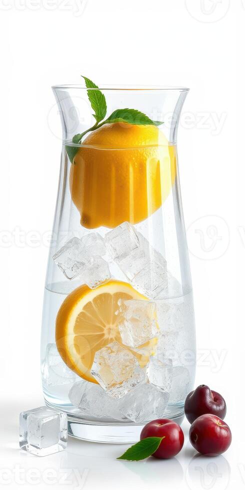 Refreshing lemonade with ice and cherries served in a stylish pitcher during sunny summer days photo