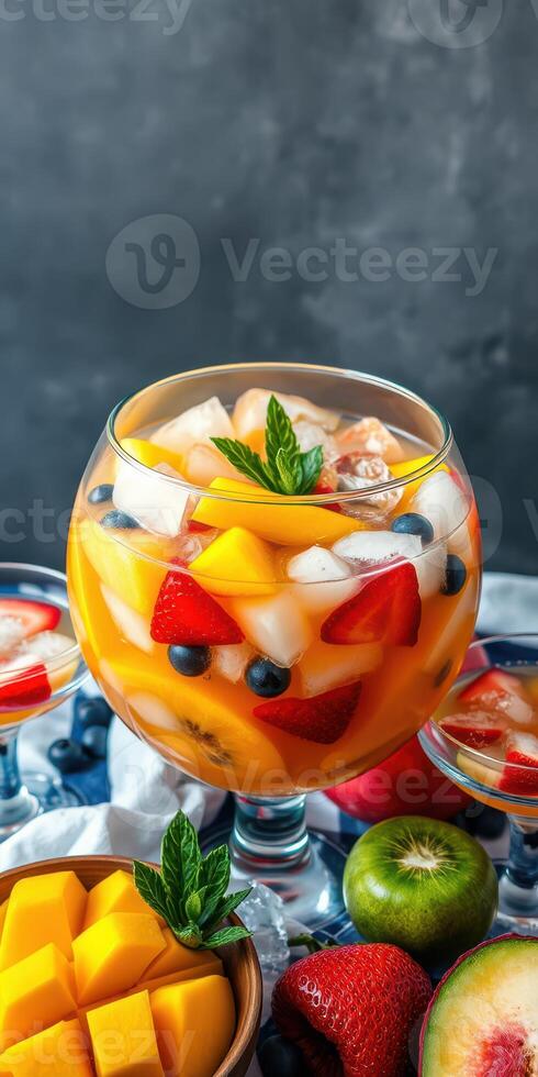 Refreshing fruit punch in a large glass bowl with assorted fruits and ice, showcased on a table setting photo
