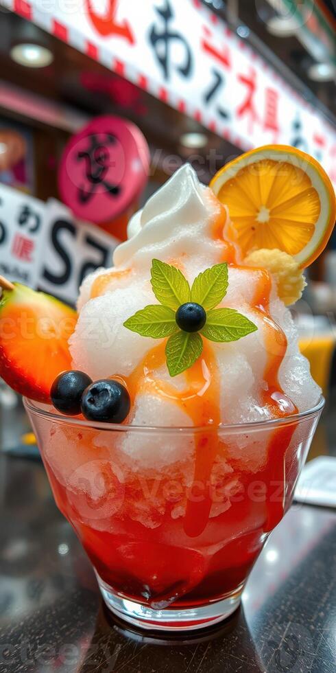 Delicious dessert featuring shaved ice topped with fresh fruit and syrup at a vibrant Japanese street stall photo