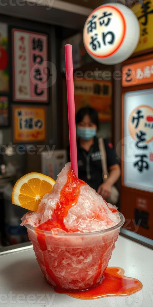 Refreshing shaved ice dessert with vibrant strawberry syrup and lemon slice in a bustling Asian street market photo