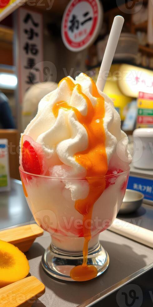 Delicious dessert featuring whipped cream and syrup in a colorful bowl at a food stall in a bustling market photo