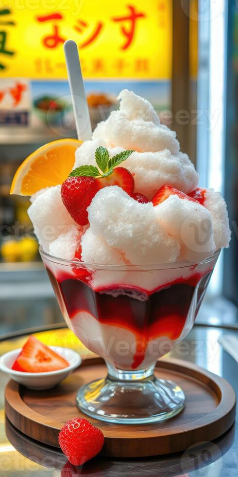 Delicious dessert featuring shaved ice, fresh fruit, and vibrant syrup at a busy cafe in the city photo