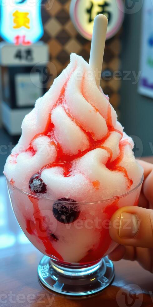 Soft-serve dessert topped with vibrant cherry syrup and blueberries enjoyed in a lively setting photo