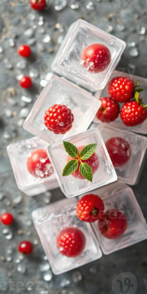 Fresh raspberry ice cubes with mint leaves create a refreshing summer drink atmosphere photo