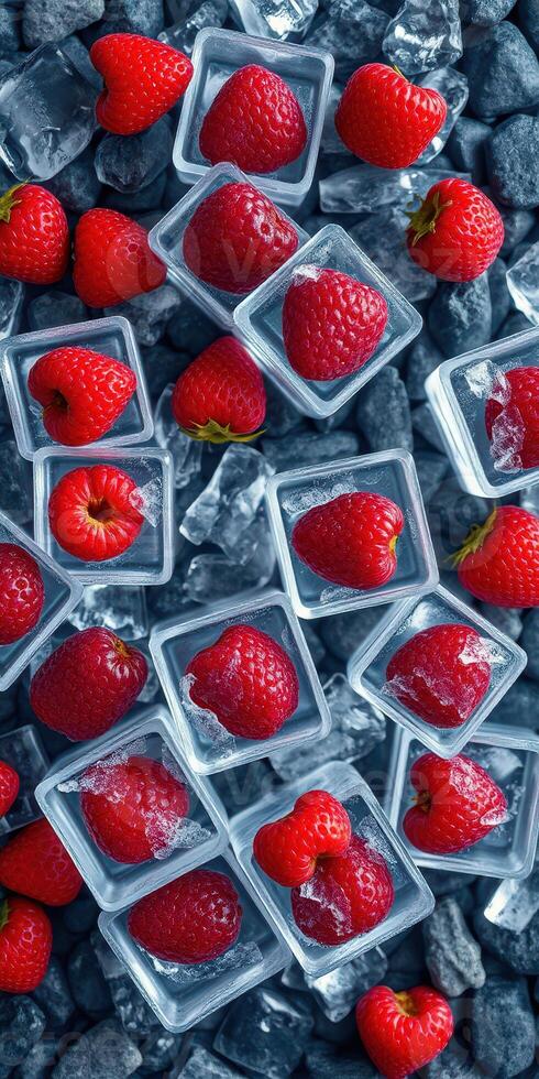 Fresh raspberries on ice cubes arranged in clear containers against a dark rocky background for a vibrant summer treat photo