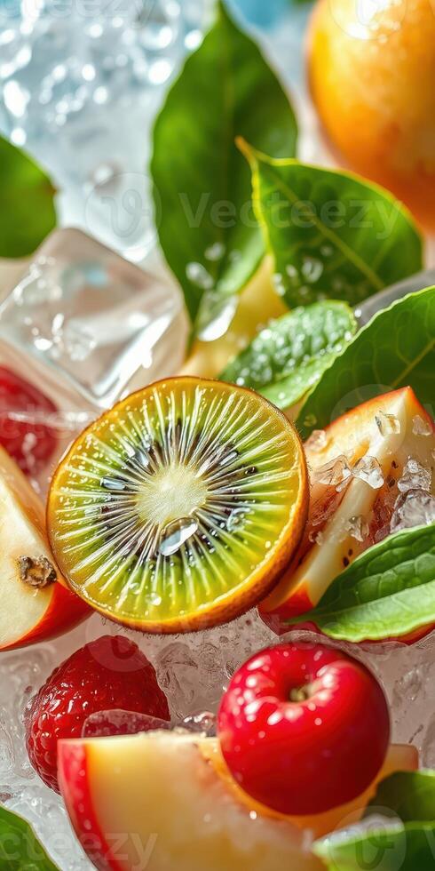 Fresh fruit arrangement featuring kiwi, apples, and strawberries with ice and greenery on a clear surface photo