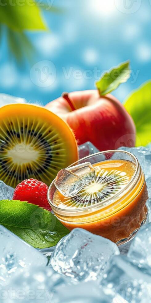 Refreshing fruit dessert with kiwi, apple, and raspberry garnished with ice and leaves in a bright setting photo