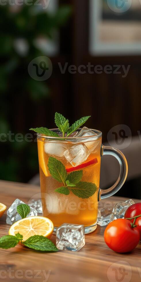 Refreshing iced tea with mint and lemon served in a glass on a wooden table with fresh ingredients photo