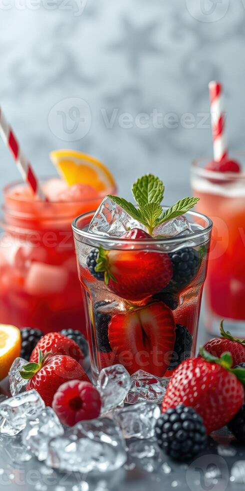 Refreshing summer berry drinks with ice and vibrant colors in a cozy setting photo