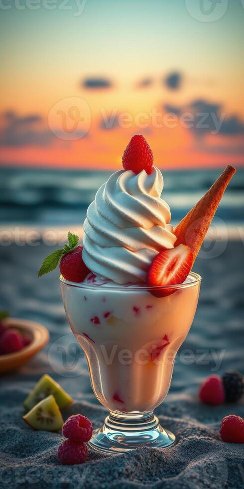 Delicious soft serve ice cream dessert garnished with strawberries and raspberries at sunset on the beach photo