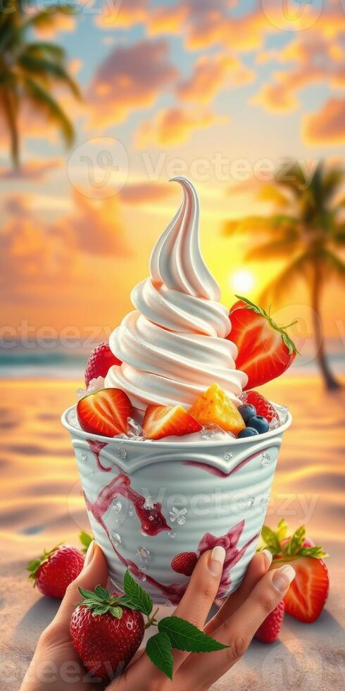 Delicious frozen yogurt topped with fresh strawberries and tropical fruits against a sunset beach backdrop photo
