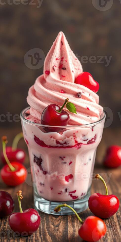 Delicious cherry swirl dessert served in a glass cup with fresh cherries on a wooden table photo
