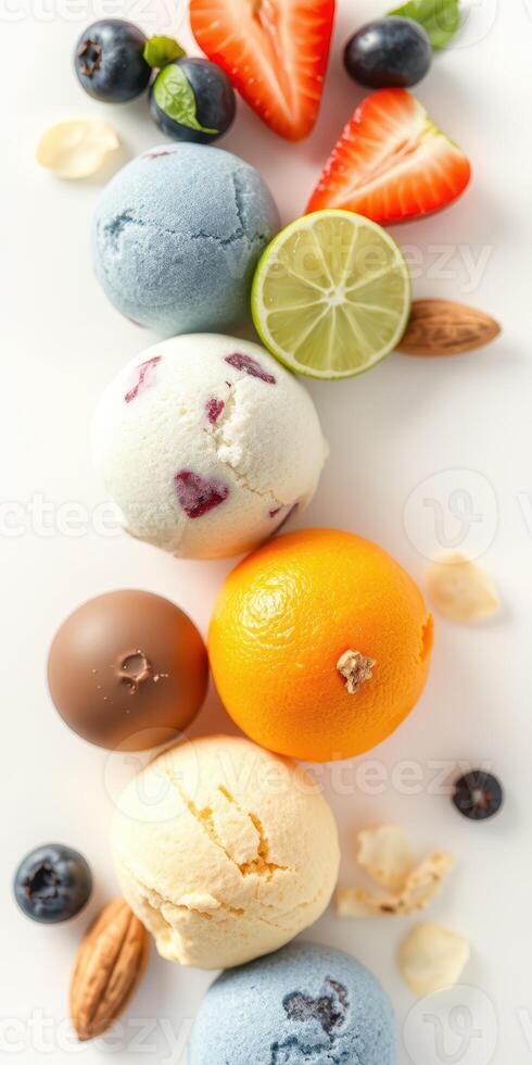 Assorted ice cream scoops arranged with fresh fruits and nuts on a white surface for a colorful dessert display photo