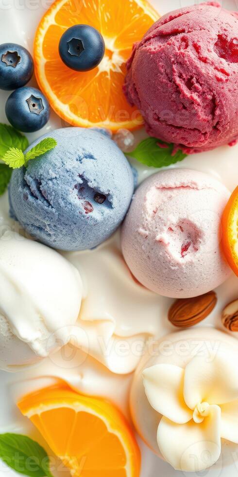 Colorful ice cream scoops served with fresh fruits and nuts on a white plate for a delightful summer treat photo