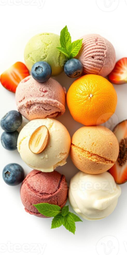 Colorful assortment of ice cream scoops and fresh fruits arranged on a white plate photo