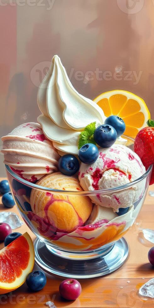 Colorful ice cream sundae with fresh fruits served in a glass bowl on a wooden table photo