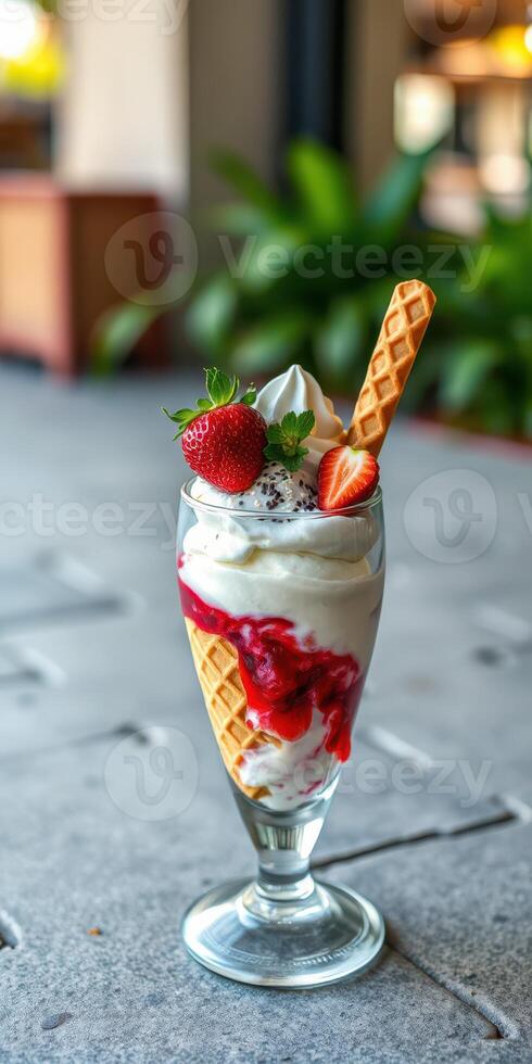 Delicious ice cream sundae topped with fresh strawberries and whipped cream at a cozy cafe photo