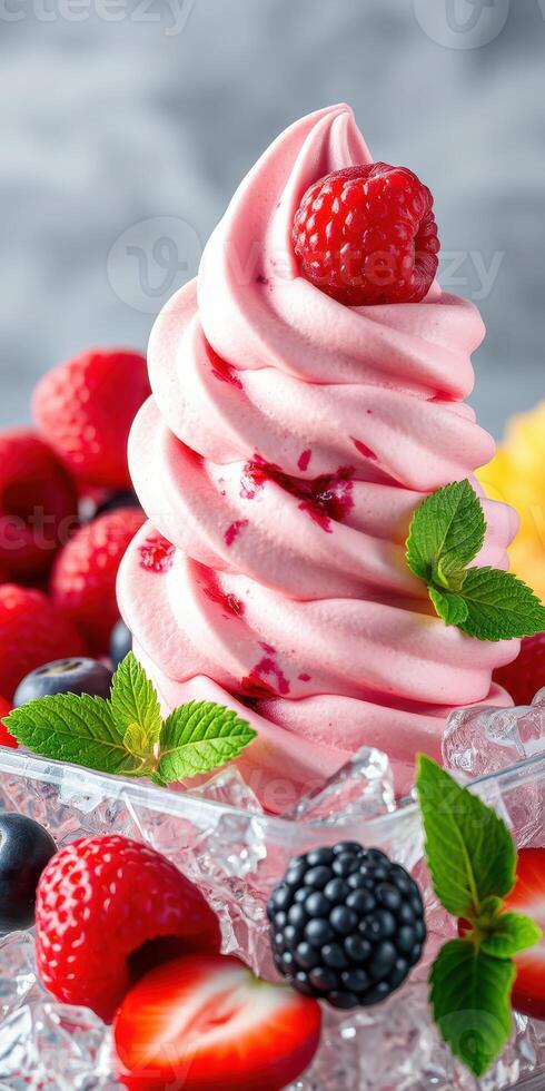 Indulgent raspberry swirl frozen dessert topped with fresh berries and mint leaves on a bed of ice photo