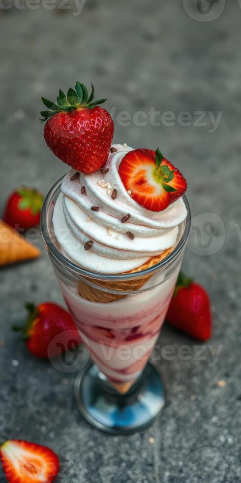 Delicious dessert featuring whipped cream, strawberries, and a cone garnished with chocolate sprinkles in a glass sundae photo