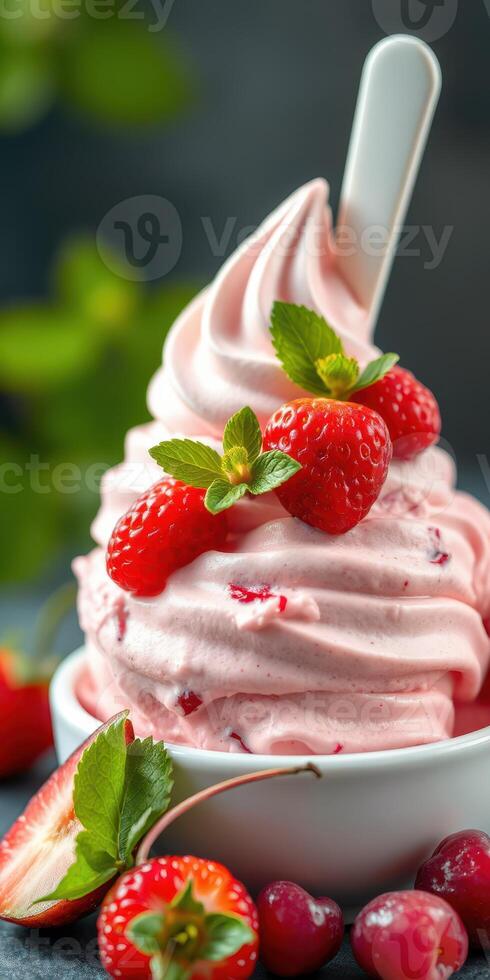 Strawberry swirl dessert with fresh berries and mint served in a bowl on a dark background photo