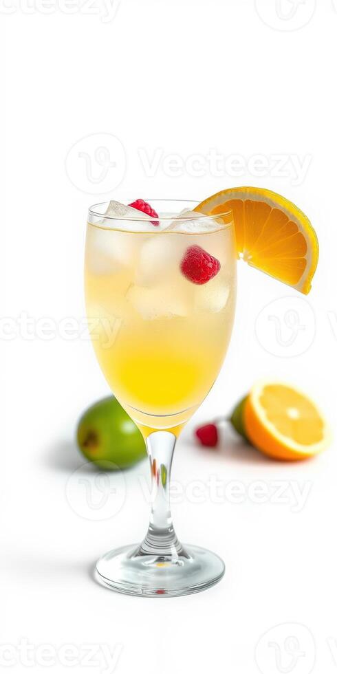 Refreshing citrus beverage served in a clear glass with raspberries and orange slice at a bright background photo