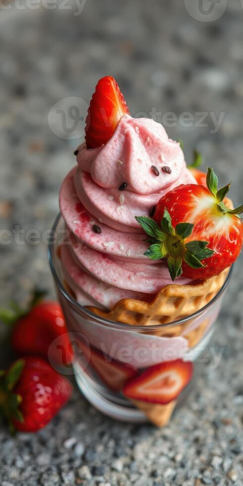 Delicious strawberry soft serve ice cream served in a waffle cone with fresh strawberry pieces photo