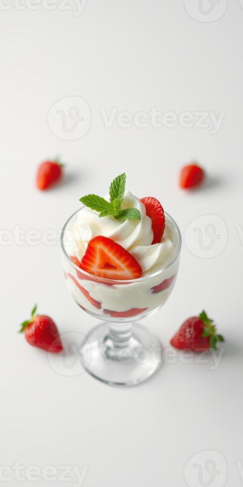Delicious layered dessert with strawberries and whipped cream showcased on a clean surface photo