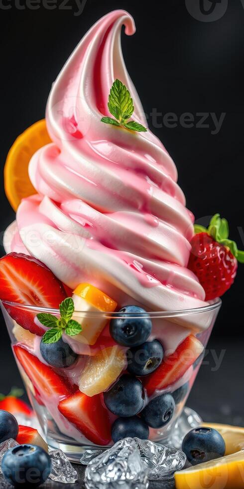 Delightful frozen yogurt topped with fresh fruits and mint leaves in a clear dessert cup photo