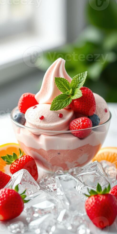 Delicious dessert with soft serve ice cream, fresh strawberries, and mint on a bright table setting photo