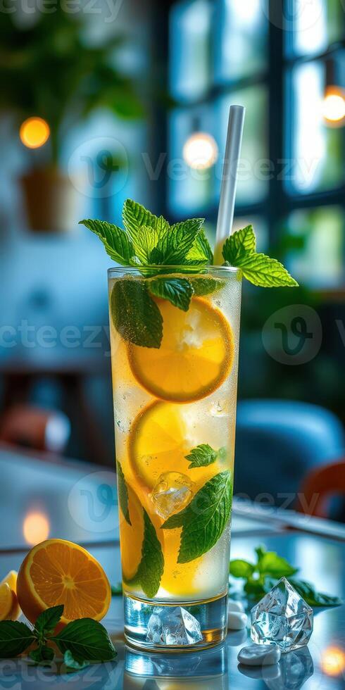 Refreshing citrus drink served with mint leaves in a cozy cafe setting photo