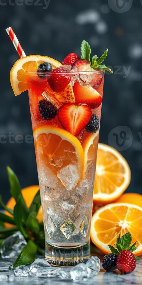 Refreshing fruit cocktail garnished with berries and citrus slices served in a tall glass photo