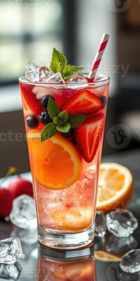 Colorful fruit cocktail with berries and mint garnished with a striped straw in a glass on a table photo