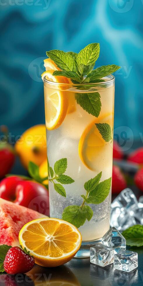 Refreshing citrus drink with mint and fruits in a vibrant setting perfect for summer enjoyment photo