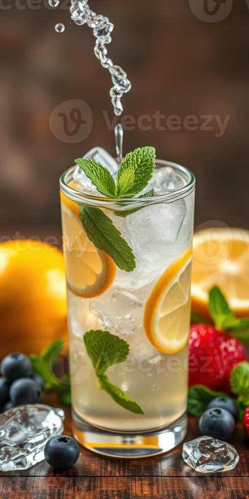 Refreshing summer beverage with mint and fresh fruits in a glass on a rustic wooden table photo