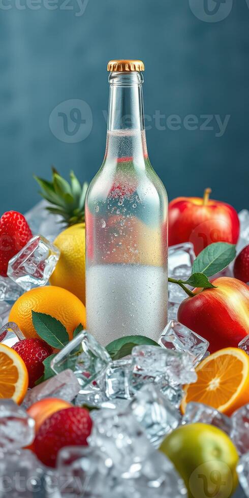Refreshing beverage surrounded by vibrant fruits and ice in a cool setting photo