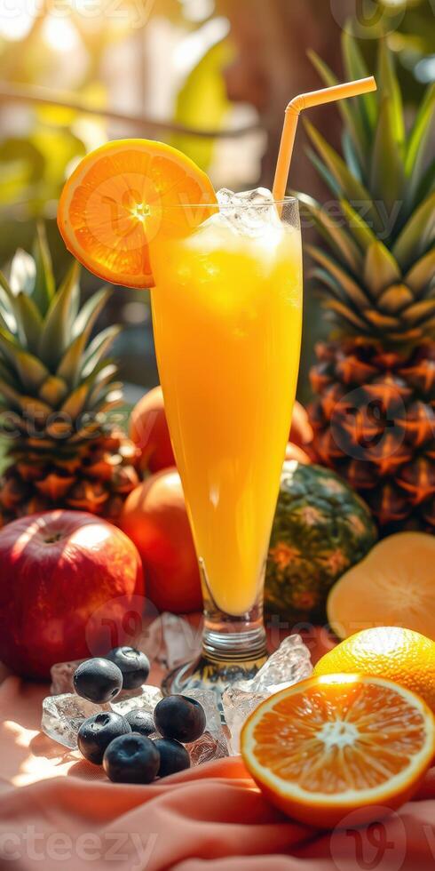 Refreshing fruit cocktail featuring orange, pineapple, and assorted fruits in a vibrant, sunny setting photo