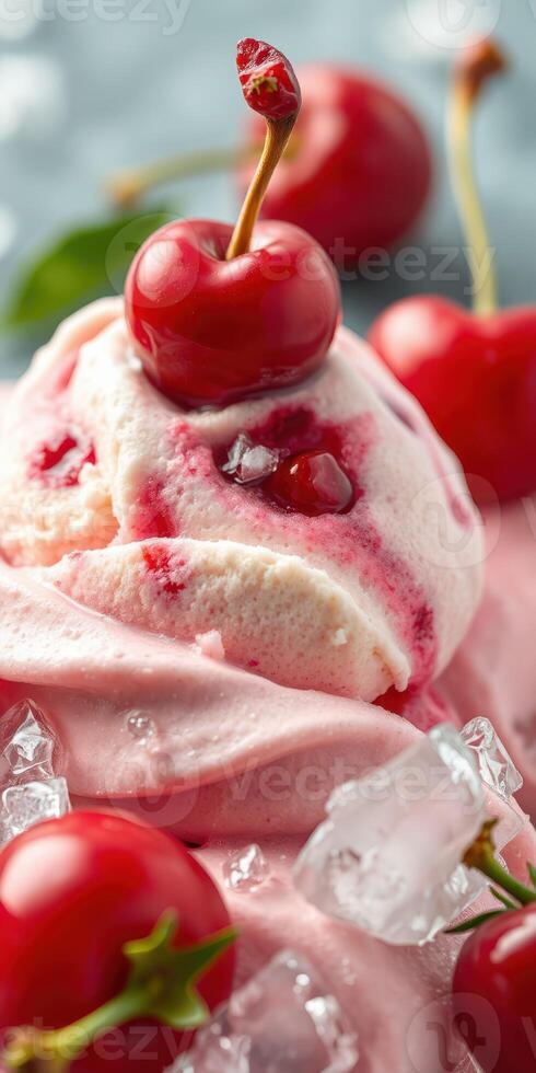 Cherry ice cream delight with fresh cherries and ice on a sunny day photo