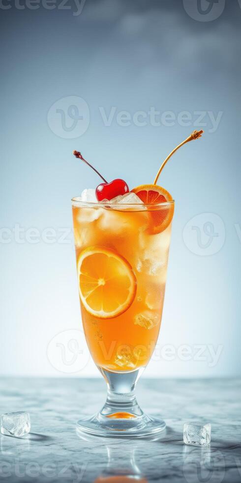 Refreshing citrus drink garnished with cherries and orange slices served in a tall glass with ice photo