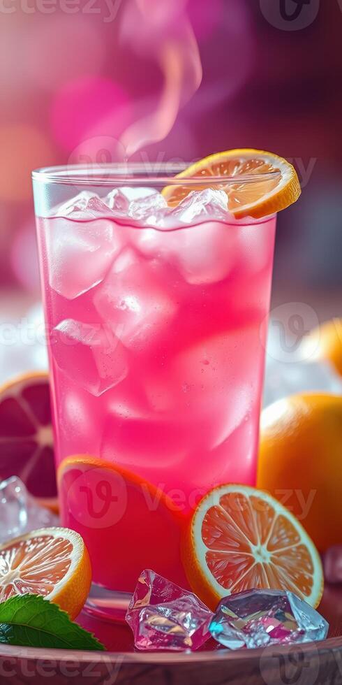 Refreshing pink lemonade with ice and citrus fruits in vibrant summer setting photo