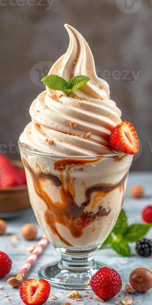 Delicious soft serve ice cream topped with caramel and fresh berries served in a glass bowl photo