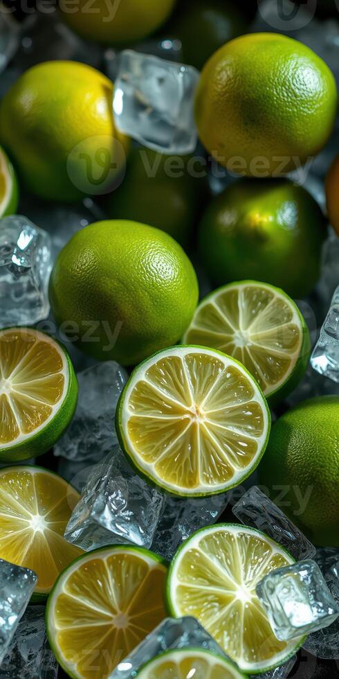 Fresh limes and ice cubes create a refreshing display for summer beverages and culinary delights photo