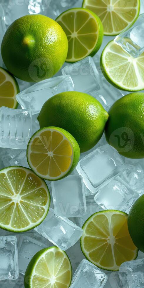 Fresh limes cut and arranged on ice for a refreshing summer drink preparation photo