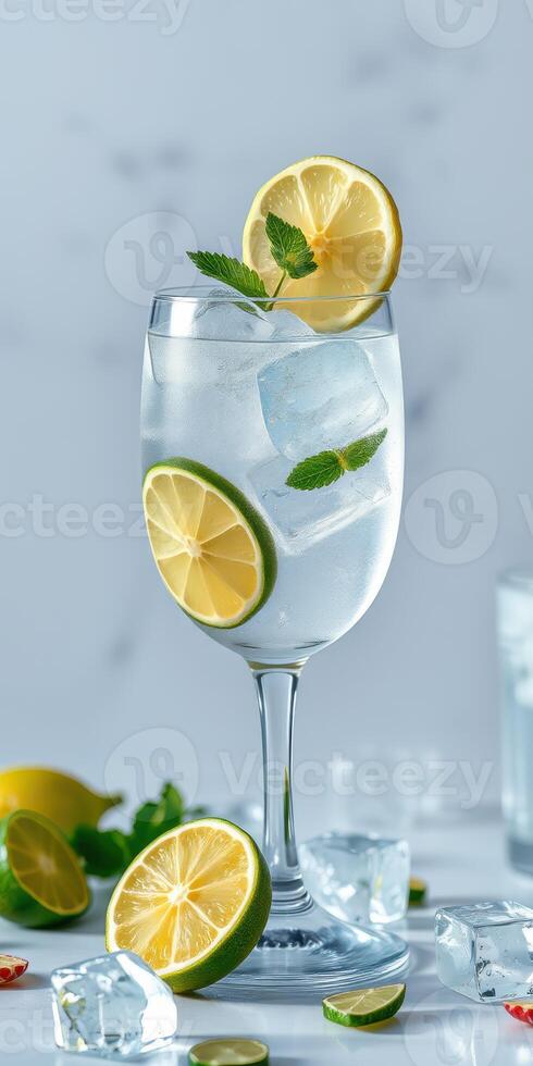 Refreshing lemonade cocktail served with fresh lemon slices and mint leaves in a clear glass on a marble countertop photo