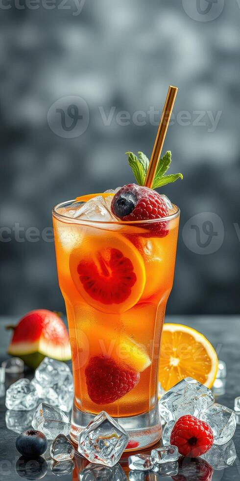 Refreshing summer cocktail with berries and citrus garnishes served on ice photo