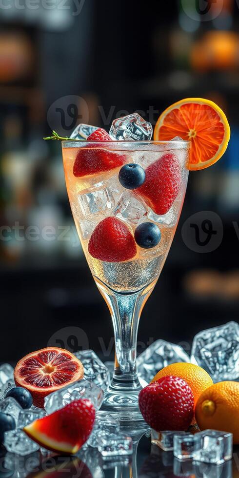 Sparkling fruit cocktail with ice featuring strawberries, blueberries, and citrus garnishes in a dimly lit bar photo