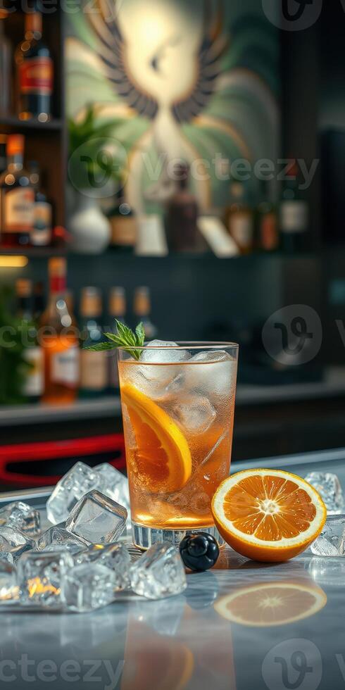Refreshing drink with orange slices served over ice at a lively bar setting during evening hours photo